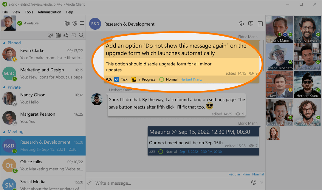 Create tasks and issues right in the chat text Issue tracking in self-hosted Virola messenger