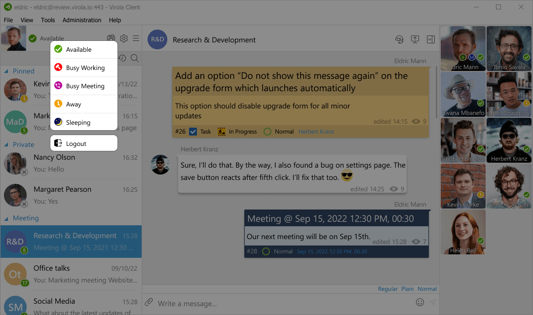 Set a meaningful network status to let your co-workers know what you are up to Network statuses in self-hosted Virola messenger